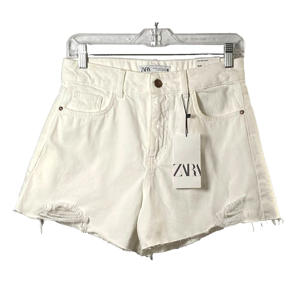 Zara High Rise Rigid Jean Shorts Size 4 White Destroyed Denim Cotton NWT Read